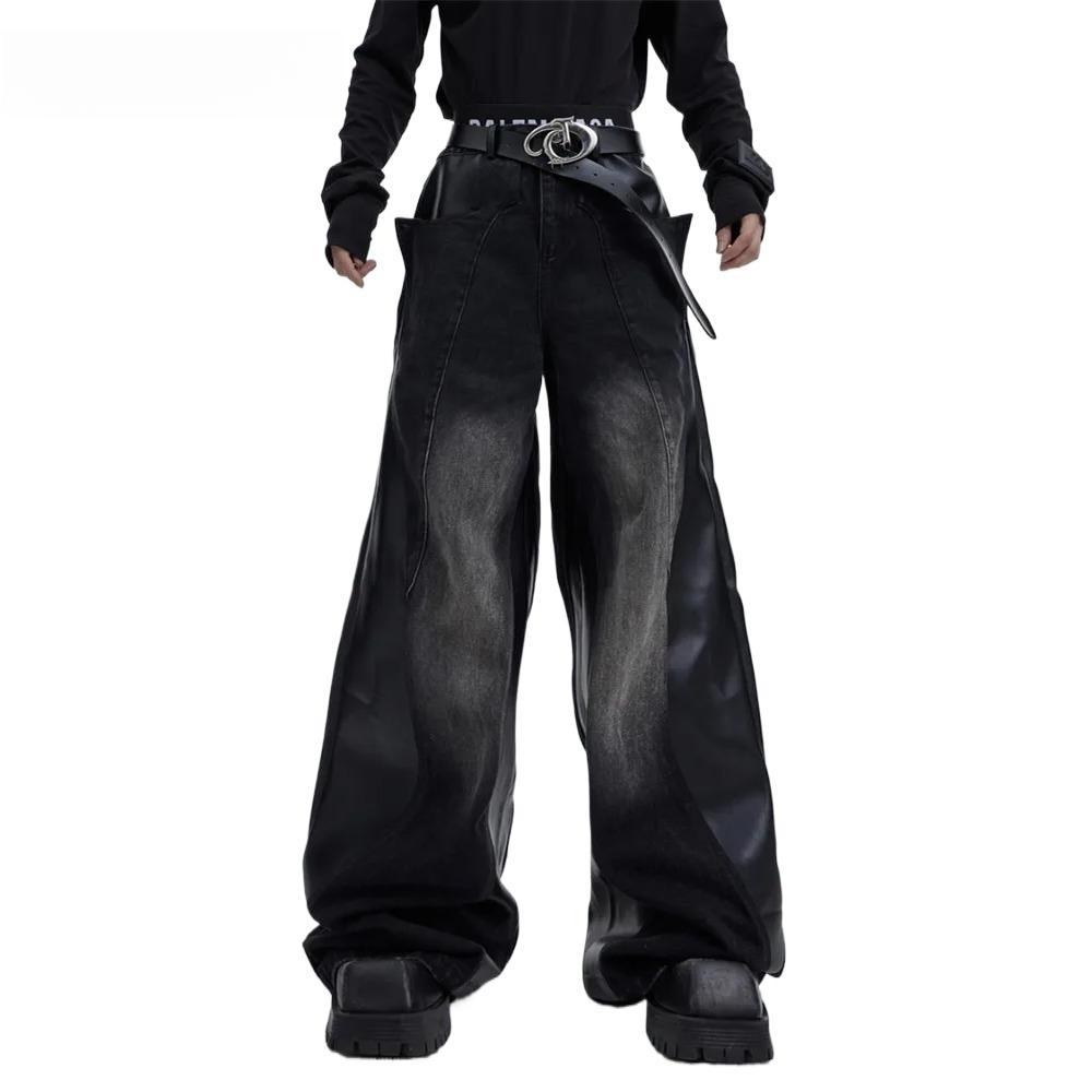 ZYLLO Y2K Streetwear Red Pu Leather Patchwork Baggy Jeans Pants For Men Designer Clothes Wide Leg Loose Denim Trousers