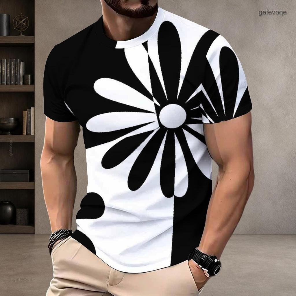 Men Plus Size Round Neck Short Sleeve T Shirt Black White Swirl Stripe Printed Pullover Straight Hem