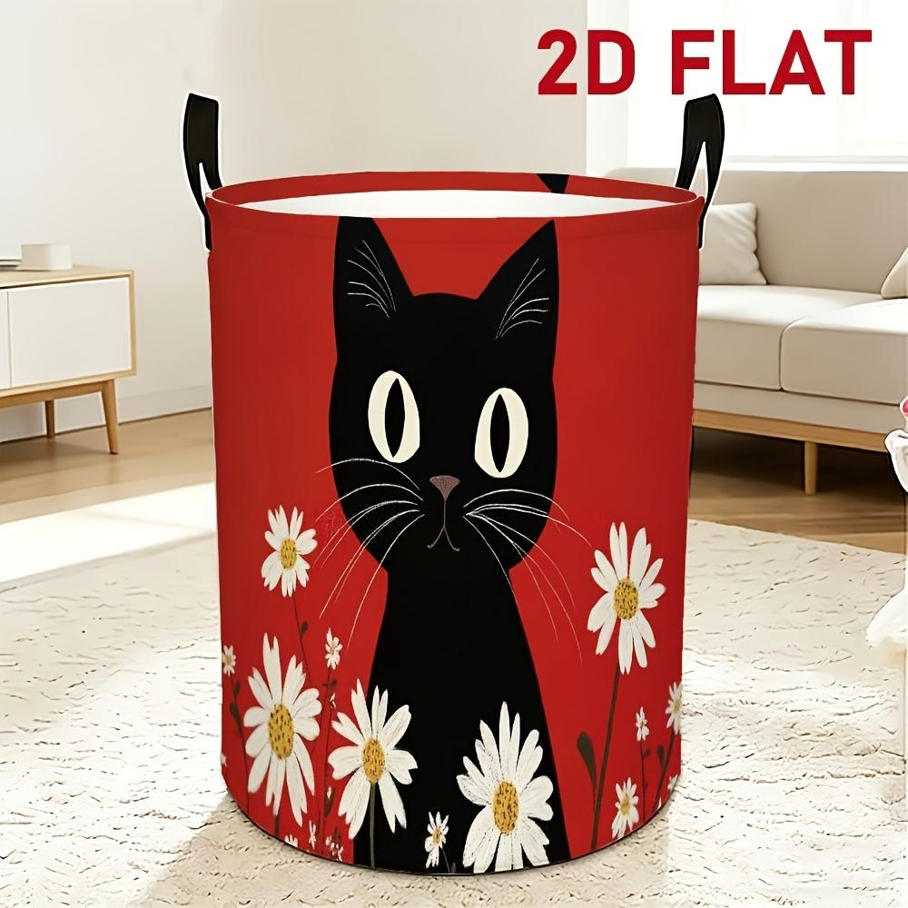 1pc, Dirty Laundry Basket with 2D Flat Printing, Black Cat and Daisy Patterns on a Red Background, Home Storage Basket with Handle, Foldable Multifunc
