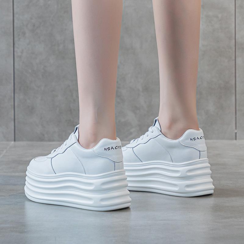 Height-increasing Women's Shoes Leather Little White Shoes Women's Thick-soled Muffin Shoes 2025 Spring Versatile Shallow Mouth Soft-soled Casual