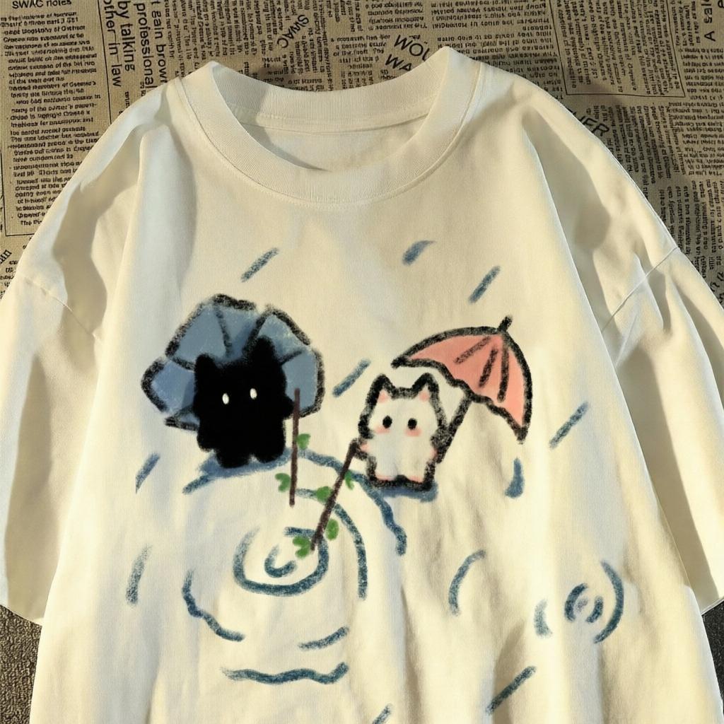 Japanese Cute Black And White Cat Shortsleeved Tshirt And W Summer Halfsleeved Top T
