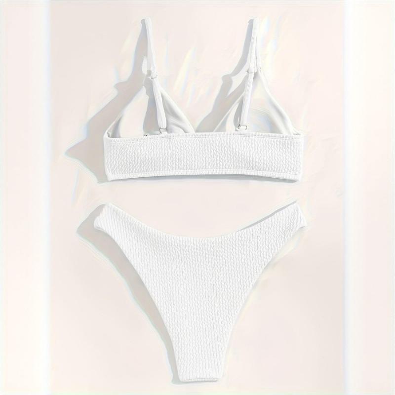 Women White Textured Bikini Set Criss Cross Back 2 Piece Swimsuit