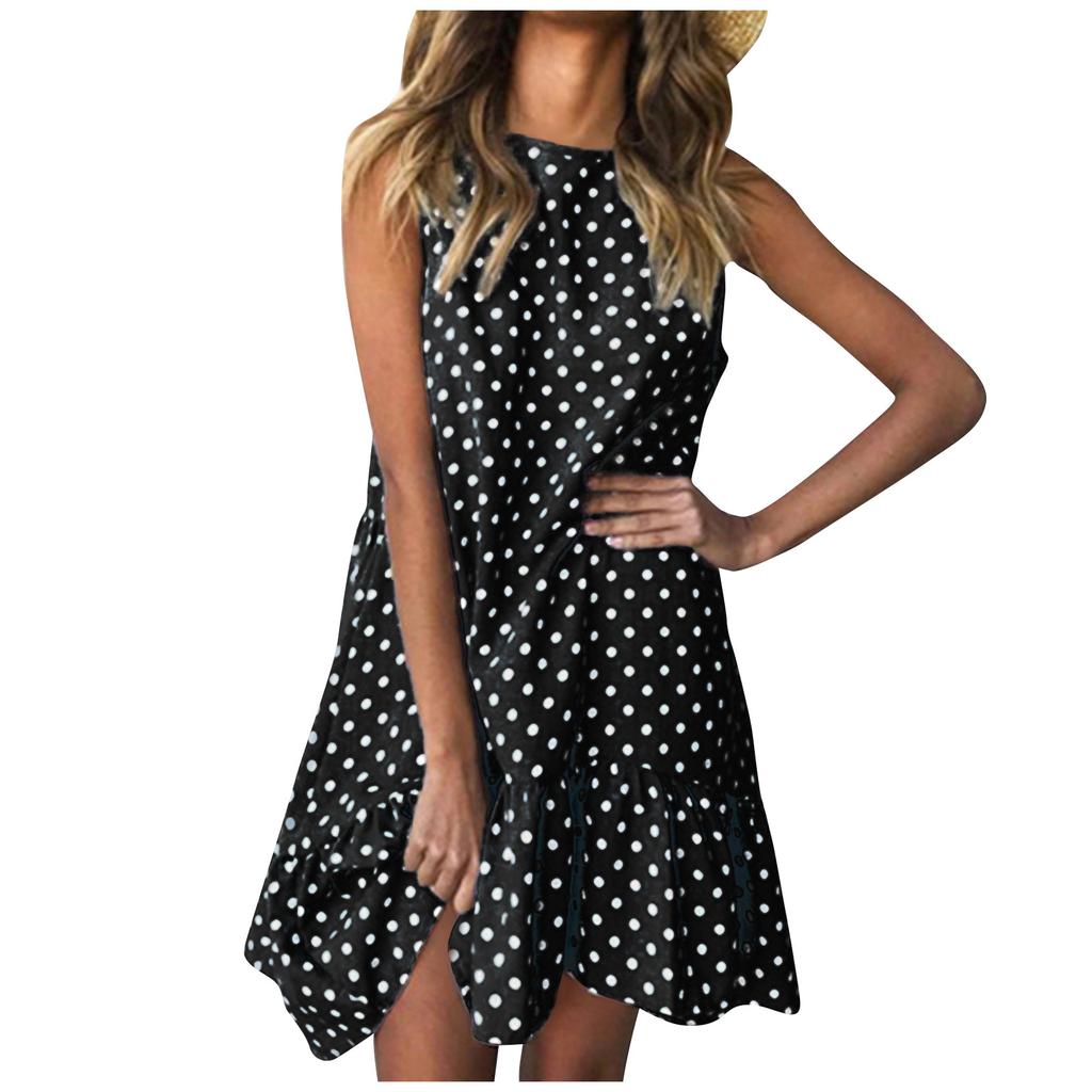 Fashion Women Sleeveless Polka Dot Loose Casual Ruffle Dress