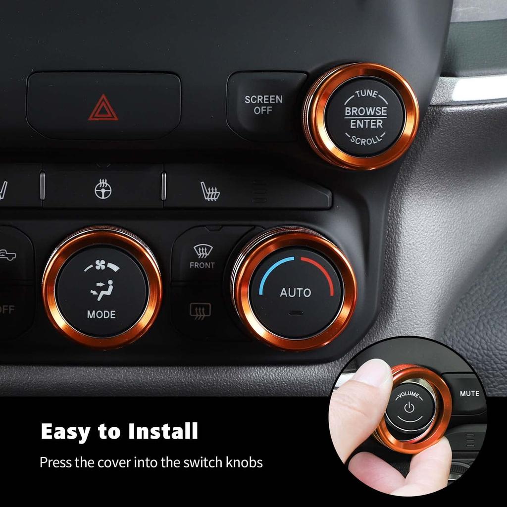RT-TCZ Center Control AC Radio Switch Knob Cover Volume Tune Switch Knob Button Cover Trim Ring Aluminium Alloy Interior Accessories for Dodge RAM