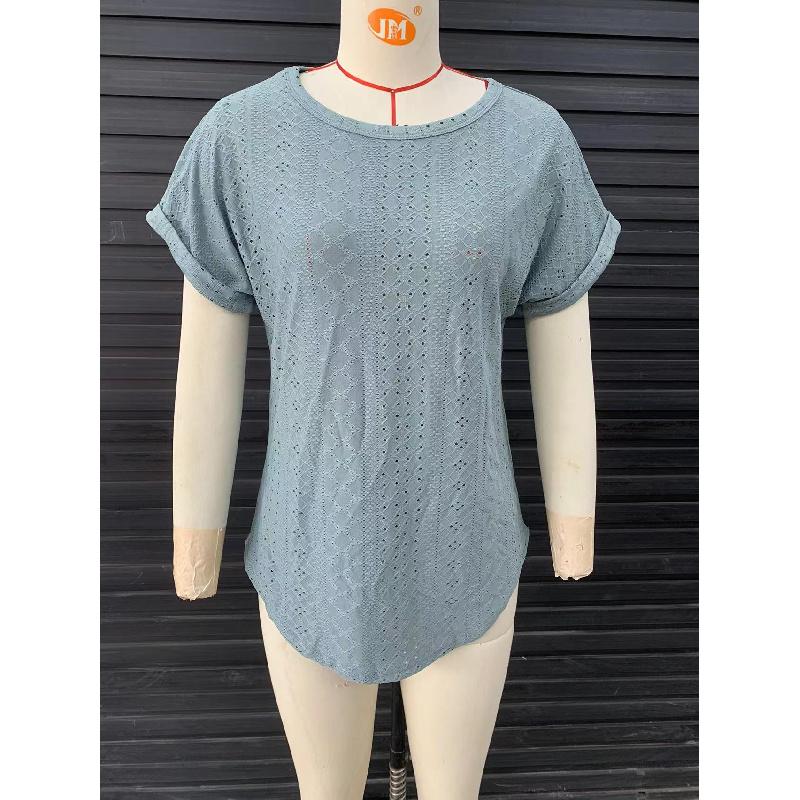 2026 Summer New Hollow-Out Round Neck Short Sleeve Women's Casual Solid Color T-Shirt