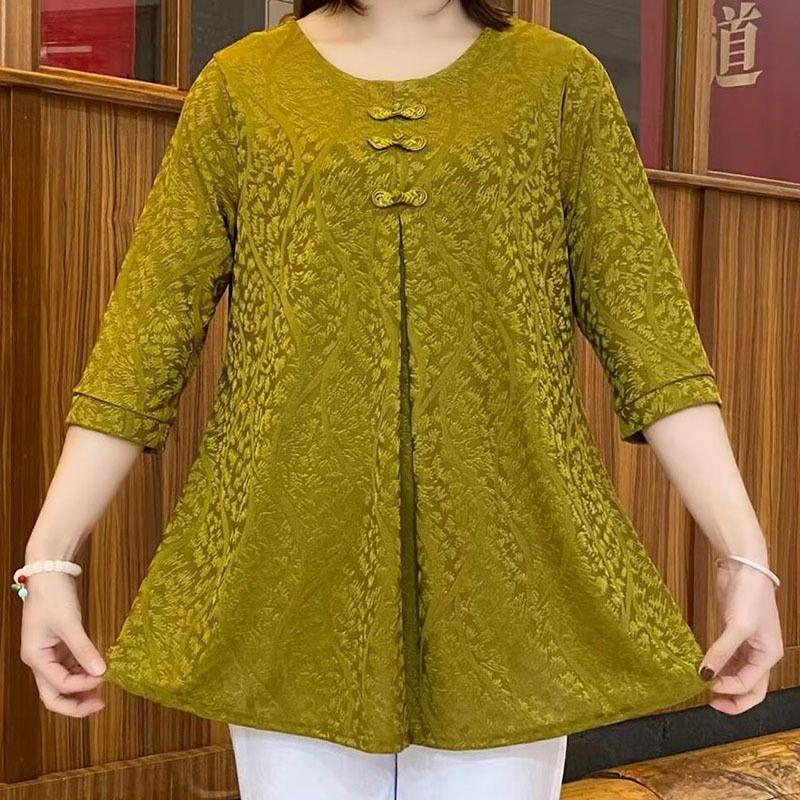 

Summer Women s Round Neck Jacquard Blouse Loose Half Sleeves Pullover Plus Size Blouse 5XL жовтий
