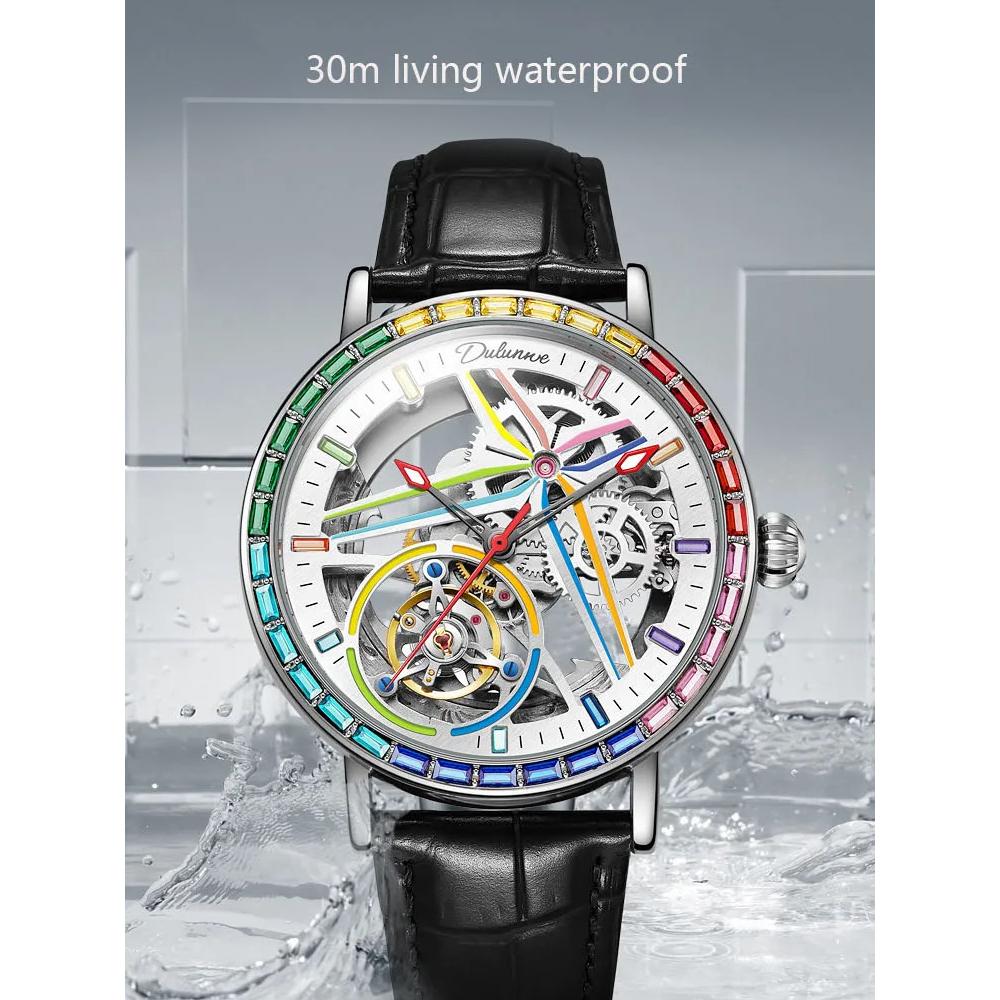 New Hollowed Out Fully Automatic Mechanical Watches for Men Fashion Color Diamond Stainless Steel Luminous Waterproof Watch