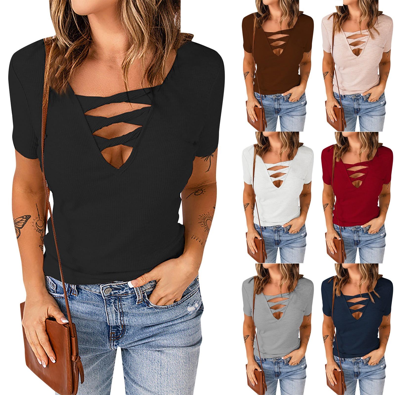 

Ladies Summer Fashion Round Neck Solid Color Slim Short Sleeve Top