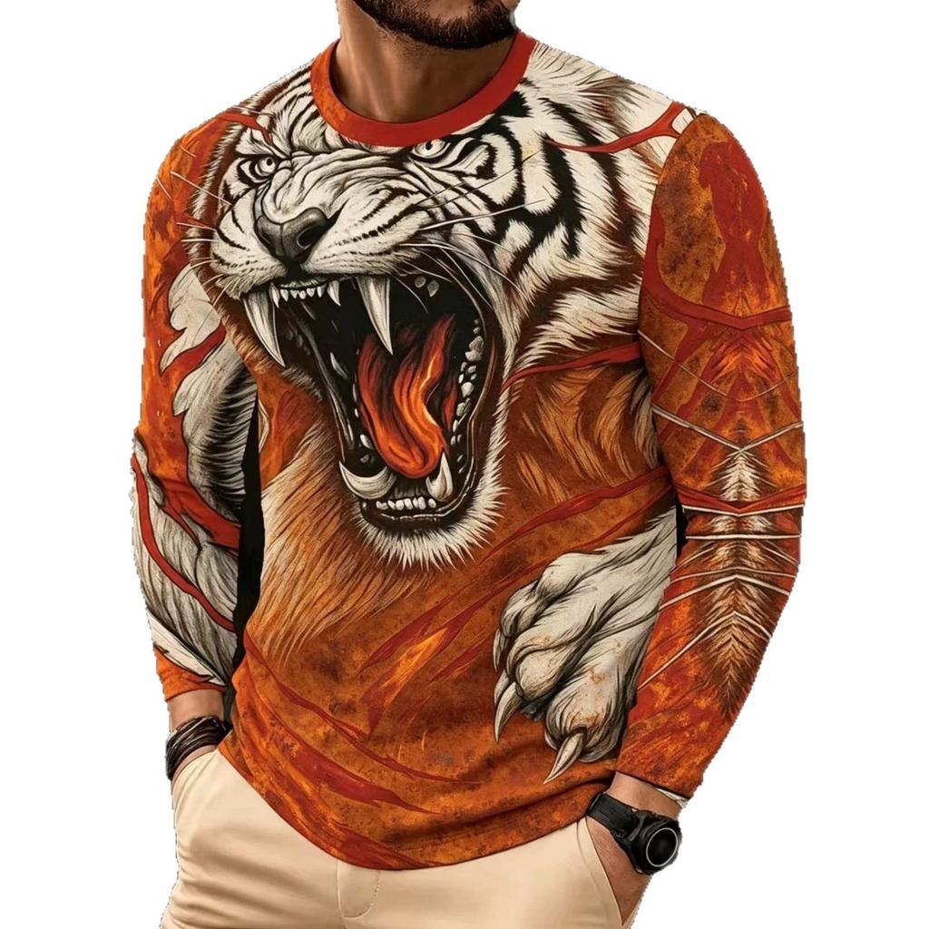 Men's Autumn and Winter Tiger 3D Printed Crew Neck Long Sleeve T-Shirt