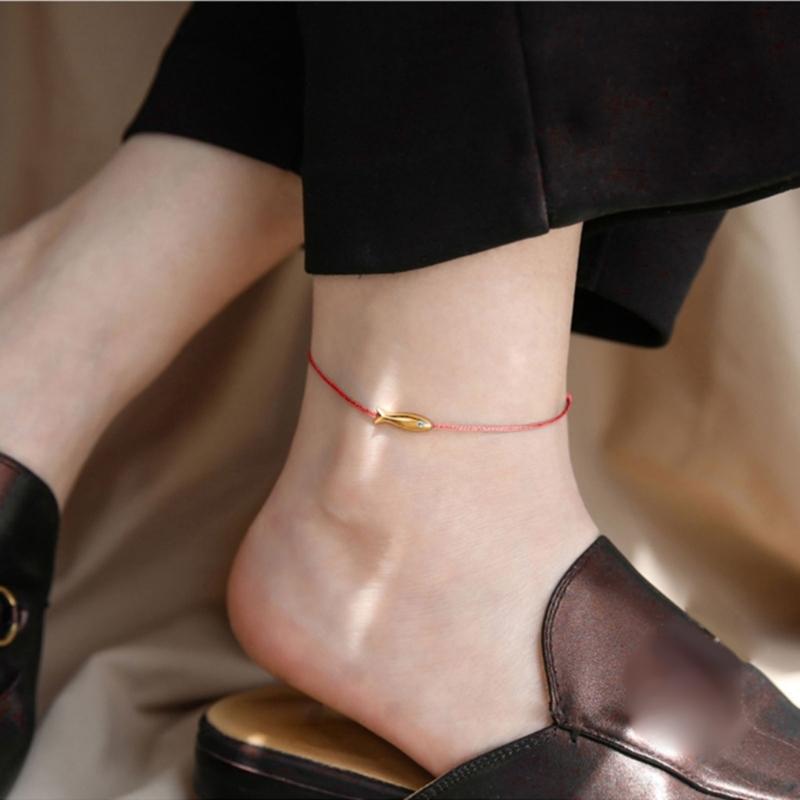 2 Pcs Fashion Gold Fish Charm Anklet Leg Foot Chain Lucky Carp Anklets Beach Jewelry Simple Blue Redness  Rope Woven Anklets