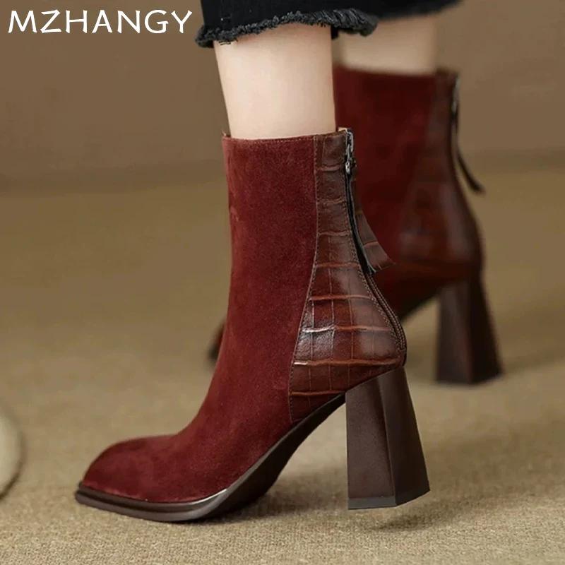Women Suede Square Toe Ankle Boots Elegant High Heels Shoes Woman 2025 Trend Winter Dress New Pumps Motorcycle Boots Mujer Botas