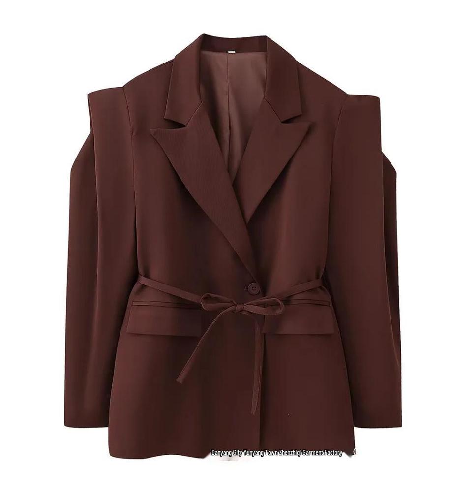 European & American Women's Fashion Commuter Waist-Tie Shoulder Pad Blazer