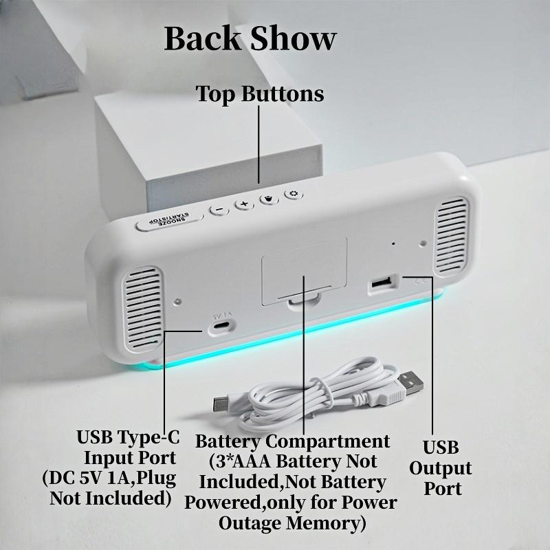 USB-betriebener digitaler Wecker mit RGB-Stimmungslicht, TEMP, Datum, 2 Alarme, Schlummerfunktion, Schreibtischuhr, 12/24H, automatisch dimmbar, Timing-Countdown-LED-Uhr