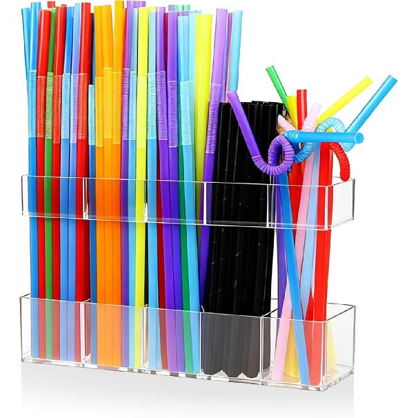 Clear Straw Holder for Cabinet Door, Acrylic Adhesive Straw Organizer for Saves Space Inside Cabinet Door & Kitchen Counters Storage