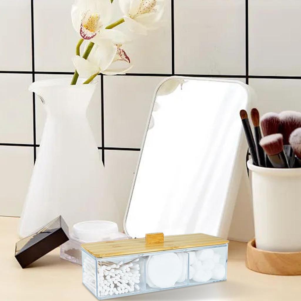 Transparent Makeup Cotton Pads Swab Storage Bin Case Cosmetics Organizer Box With Bamboo Cover For Women Makeup Holder Storage