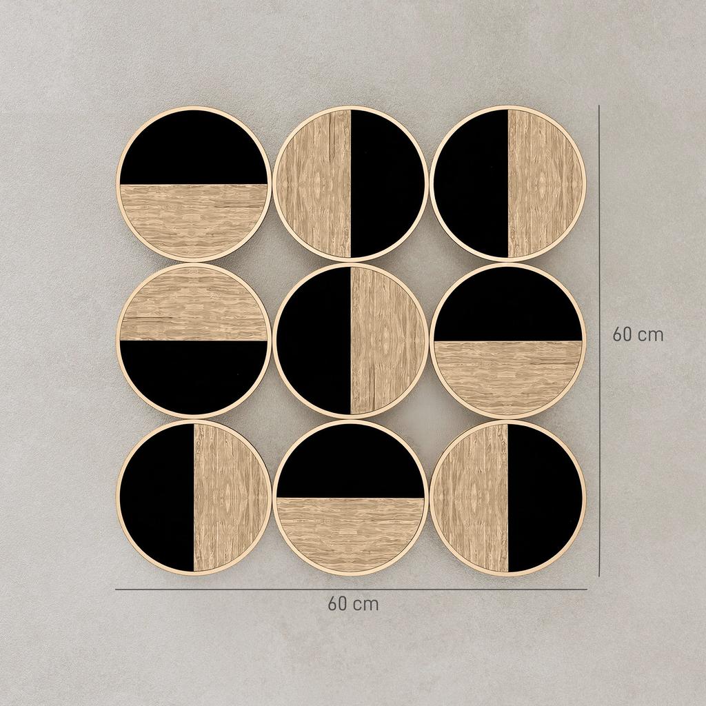 Decorative Geometric Wall Art Modern 3D Adornment 60x60 cm with Black Plastic Mirror and Natural Wood