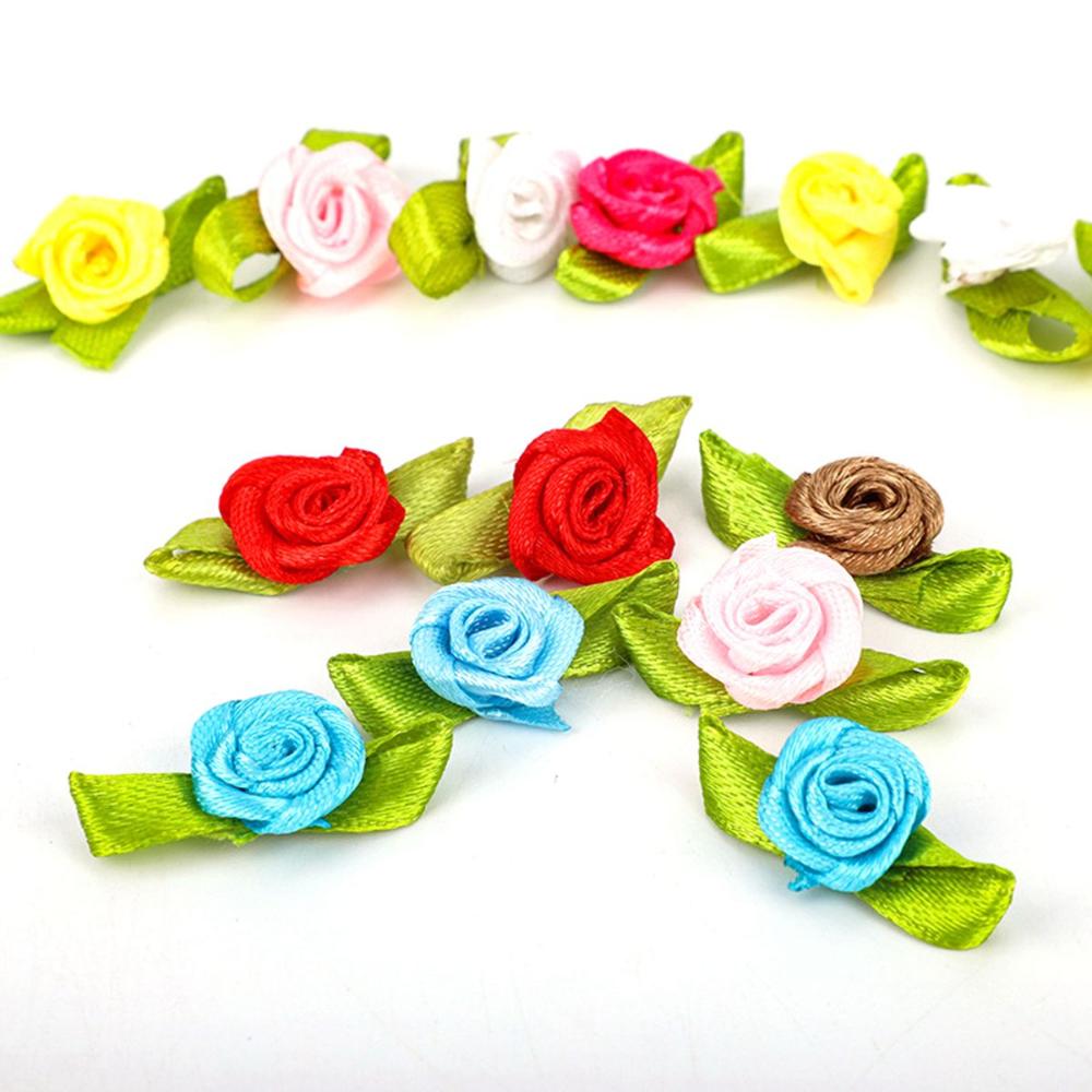 100pcs Small DIY Crafts Mini Bow-Knot Decorations Ribbon Roses Fabric Flowers Artificial Rosettes