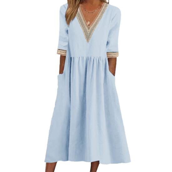 Women Midi Dress Half Sleeves V Neck Cutout Patchwork Pleated Daily Wear A-line