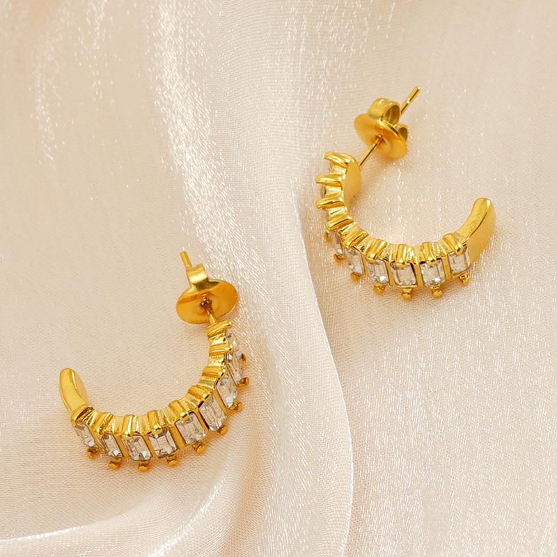 New C-Shaped Stainless Steel Diamond Arc Earrings for Women - Light Luxury Design