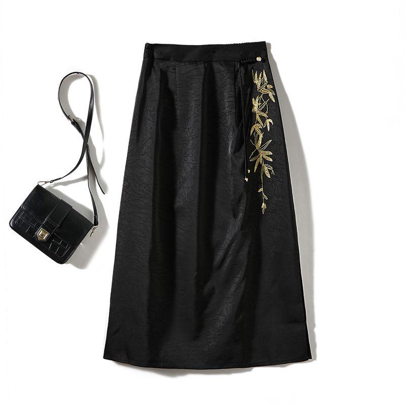 

Green Bamboo Golden Embroidery ~ Elegant Female Ribbon Import Satin Acetate Rayon A- line over-the-Knee Skirt Dark Pattern Printing and Dyeing Black 4XL