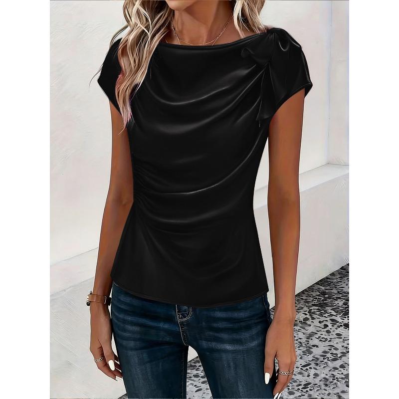 IHUASU Women's Fashion Casual Solid Color Print O-Neck Short Sleeve   Blouses & Shirts