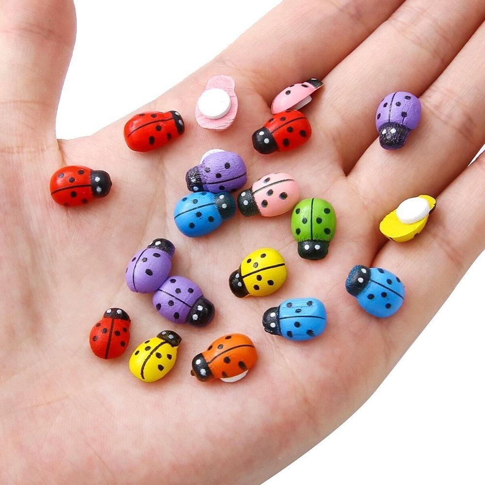 400/200/100PCS Micro Landscape Decoration Wooden Bee Ladybug Figurine Self-Adhesive Stickers Home Garden Beetle Miniature Bonsai Flower Decor
