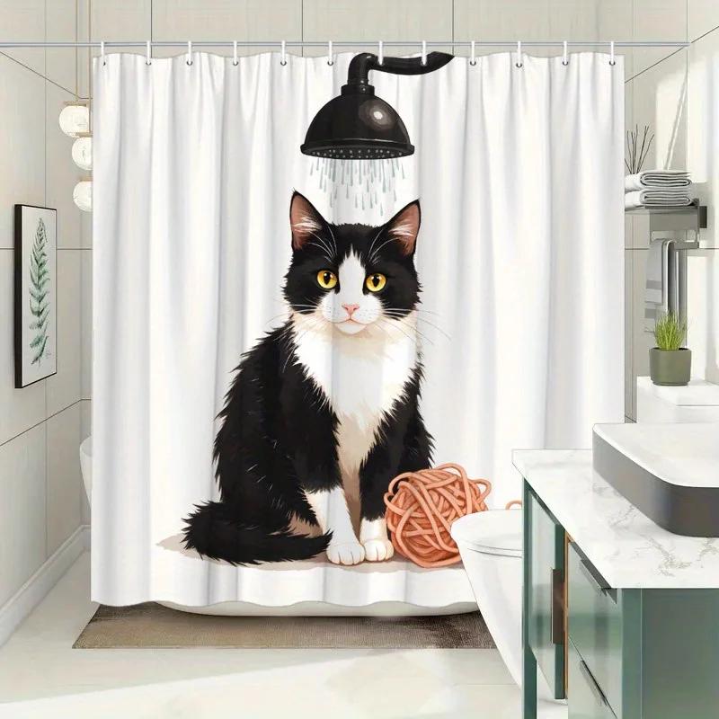 HI-Black & White Cat Shower Curtain - Minimalist Digital Art, Yellow Eyes & Yarn, Polyester, Machine Washable,Fashion Bath Decor