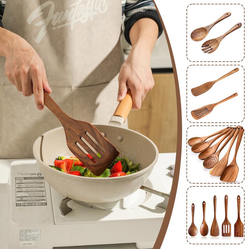 Natural Wood Kitchen Utensil Set  Eco-Friendly Cooking Tools Incl Skimmer Spoon Salad Scoop Non-Stick Rice Colander for Soup