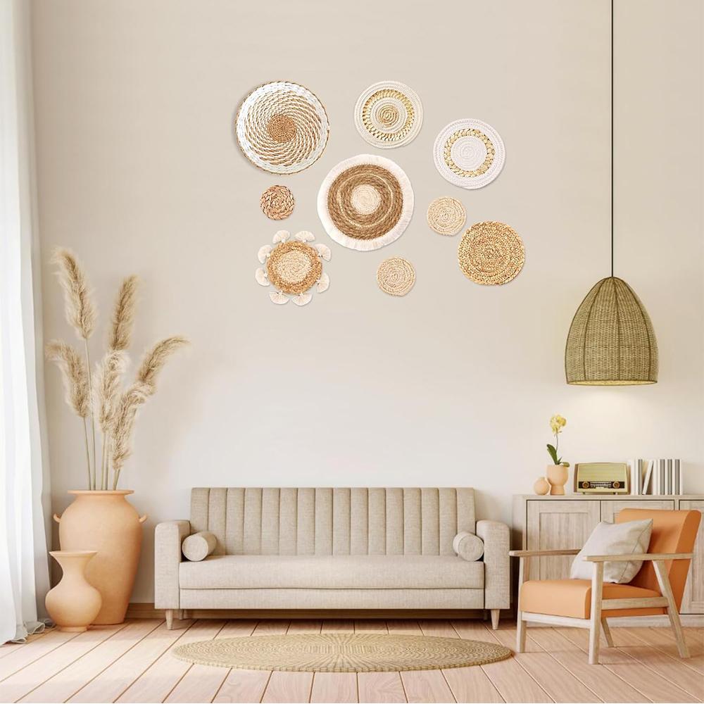 9 Pack Boho Wall Basket Set hanging Woven Wall Basket Decor, Seagrass Rattan Wicker Boho Wall Decor, Eco-Friendly Round Wall Art