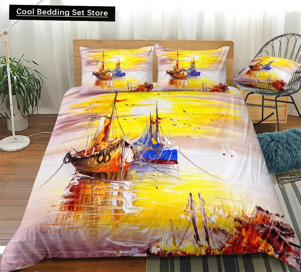 Comforter Oil Painting Landscape King Queen Natural Scenery Bedding Set Teen Adult Floral Ocean Building Polyester