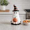 Handcrafted Ghost Ornament Halloween Figurine with Witch Hat, Cute Small Resin Decorative Holding Pumpkin Statue for Home Table Shelf Desk Decor