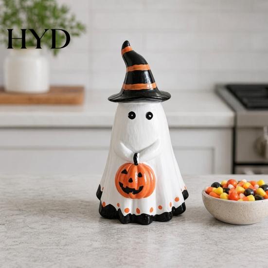 Handcrafted Ghost Ornament Halloween Figurine with Witch Hat, Cute Small Resin Decorative Holding Pumpkin Statue for Home Table Shelf Desk Decor