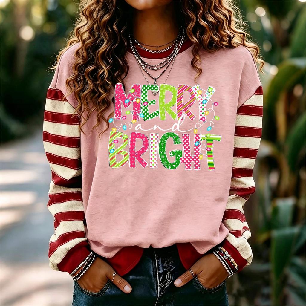 Sudadera de punto para mujer con estampado navideño, manga larga, cuello redondo