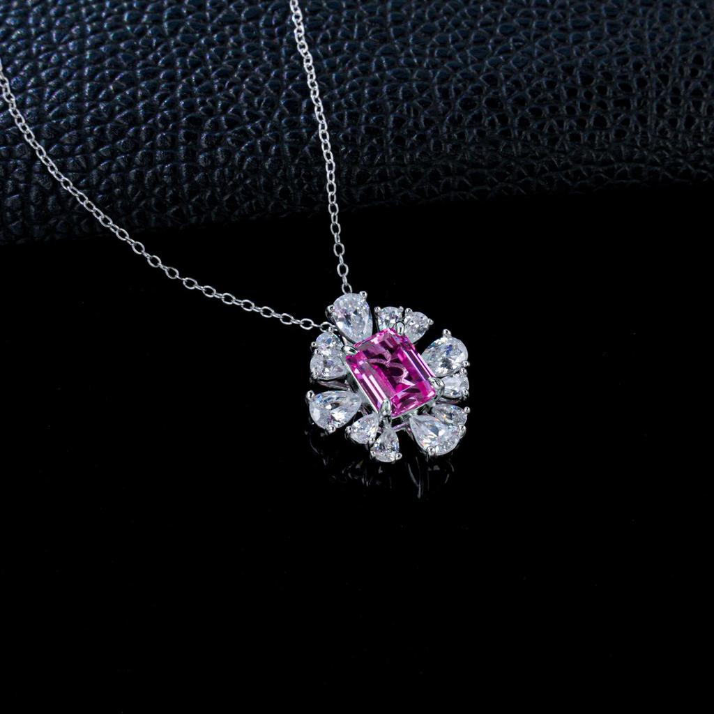 S925 Sterling Silver Pink Sapphire Flower Necklace for Women - Elegant Jewelry for Dating, Commuting, and Festivals