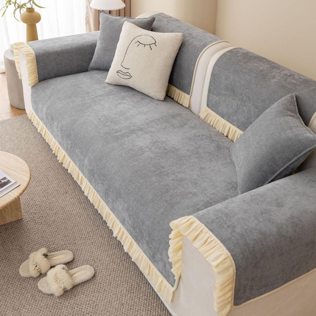 Fabric Sofa Cushion Cover Non-Slip Backrest Towel Cushion Four Seasons Universal Chenille Japanese Korean Style Living Room Solid Color Cover Cloth