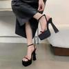 Thick heel waterproof table model catwalk night high heels 2025 new 13CM hate sky high square head buckle sandals