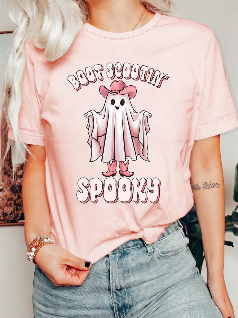 Halloween Cowboy Womens T Shirt Boot Scootin Spooky Cute Ghost Western Style Cartoon Graphic Short Sleeve O Neck Daily Wear Tops