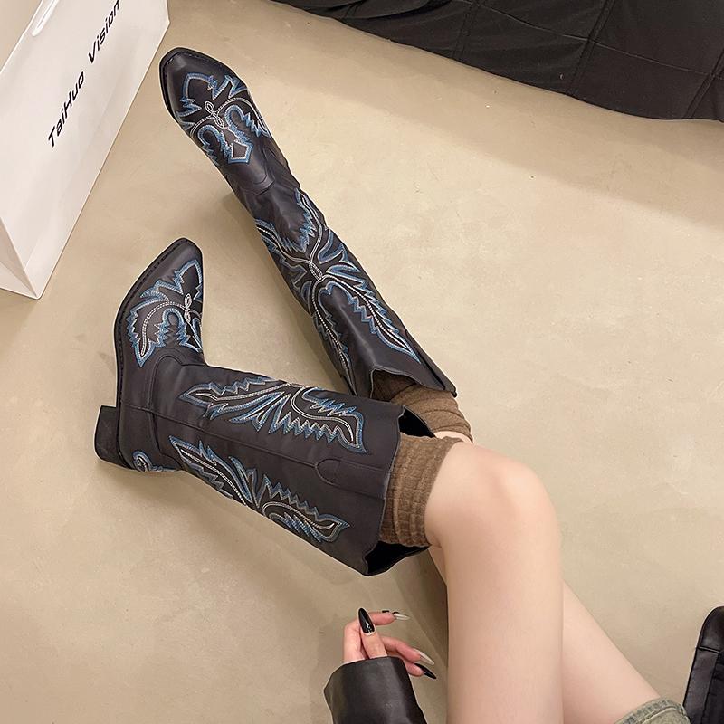 New Style Women Autumn/Winter Colors European and American Pointed Thick Heel High Barrel Large Western Side Zipper Denim Boots