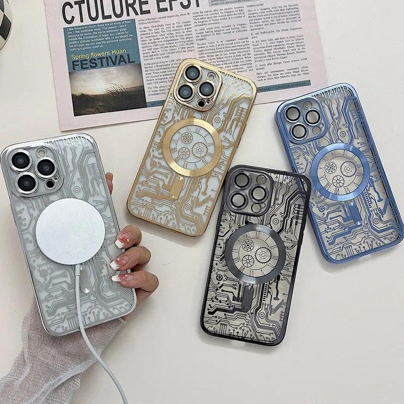 Plating Magnetic Wireless Charge For MagSafe Case For iPhone 14 15 13 12 11 Pro Max Plus Luxury Phone Lens Protector Back Cover