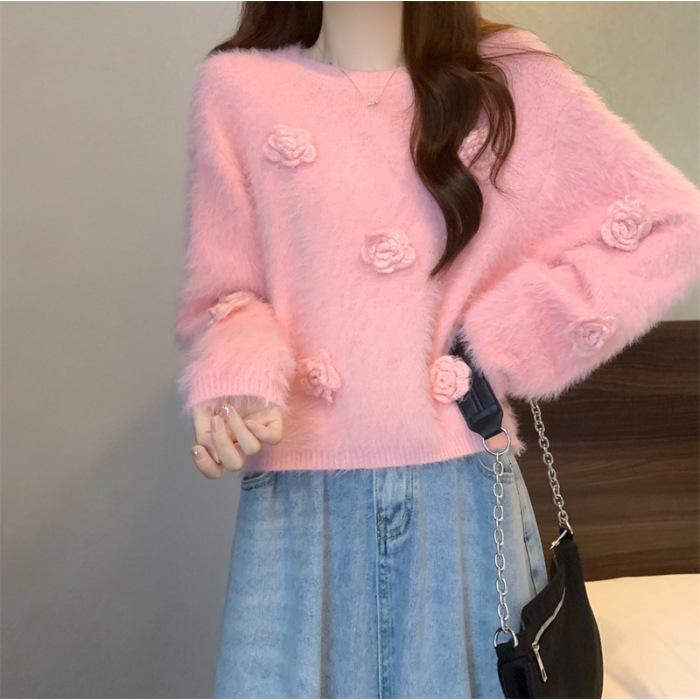 Rose Knit 3D Fluffy Soft Sweater for Women - Autumn/Winter Fashion.