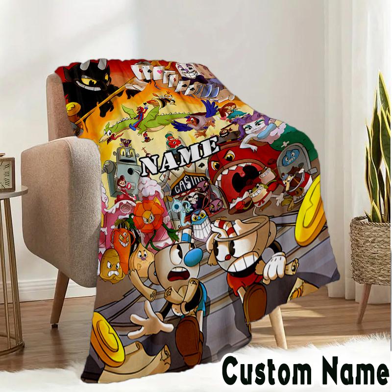 Custom Name Cup-head Blanket Bedding Blanket Picnic Blanket for Women Men, Throw Blankets for Couch Bed, Christmas and Halloween gifts