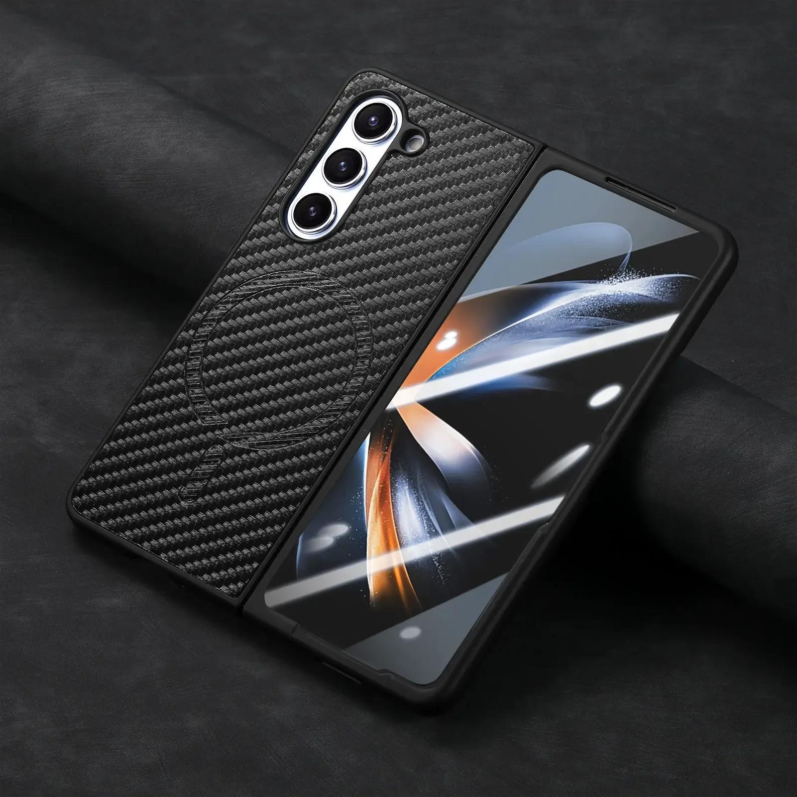 

Magnetic Carbon Fiber Pattern Leather Case for Samsung Galaxy Z Fold 6 Fold5 4 Electroplated Frame Shell Film Integrated Cover ZFold6 чёрный