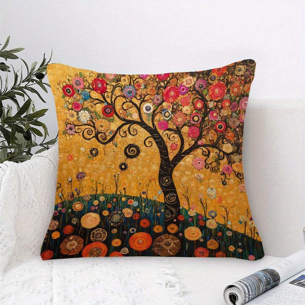 Almofada Árvore Floral Dourada de Gustav Klimt - Impressão 2D Dupla Face Boêmia com Zíper Almofada Lavável