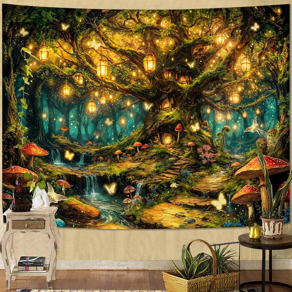 Misty Forest Tapestry, Serene Pine Trees With Sunbeams And Snowy Mountain Wall Art For Nature Lovers And Calm Room Decor
