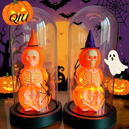 Halloween Window Display Pumpkin Skeleton Cloche Lamp, Lighted Stacking Skull in Clear Decor Dome with Witch Hat for Tabletop Mantel, Party