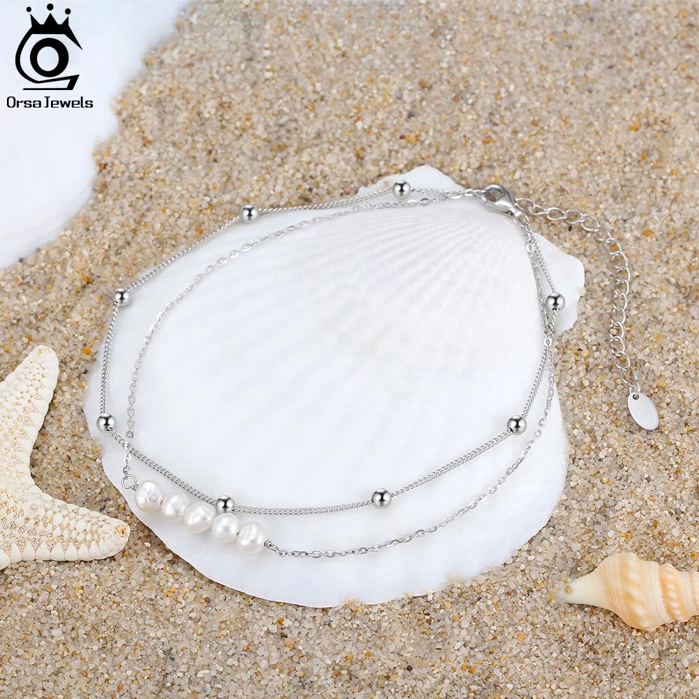 ORSA JEWELS Layered Natural Pearl Chain Anklet for Women Girl 925 Silver Fashion Summer Beach Foot Bracelet Anklets Jewelry SA50