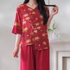 Button national style cotton silk pajamas women can wear cotton and silk suits in summer, retro printing can wear thin loungewear