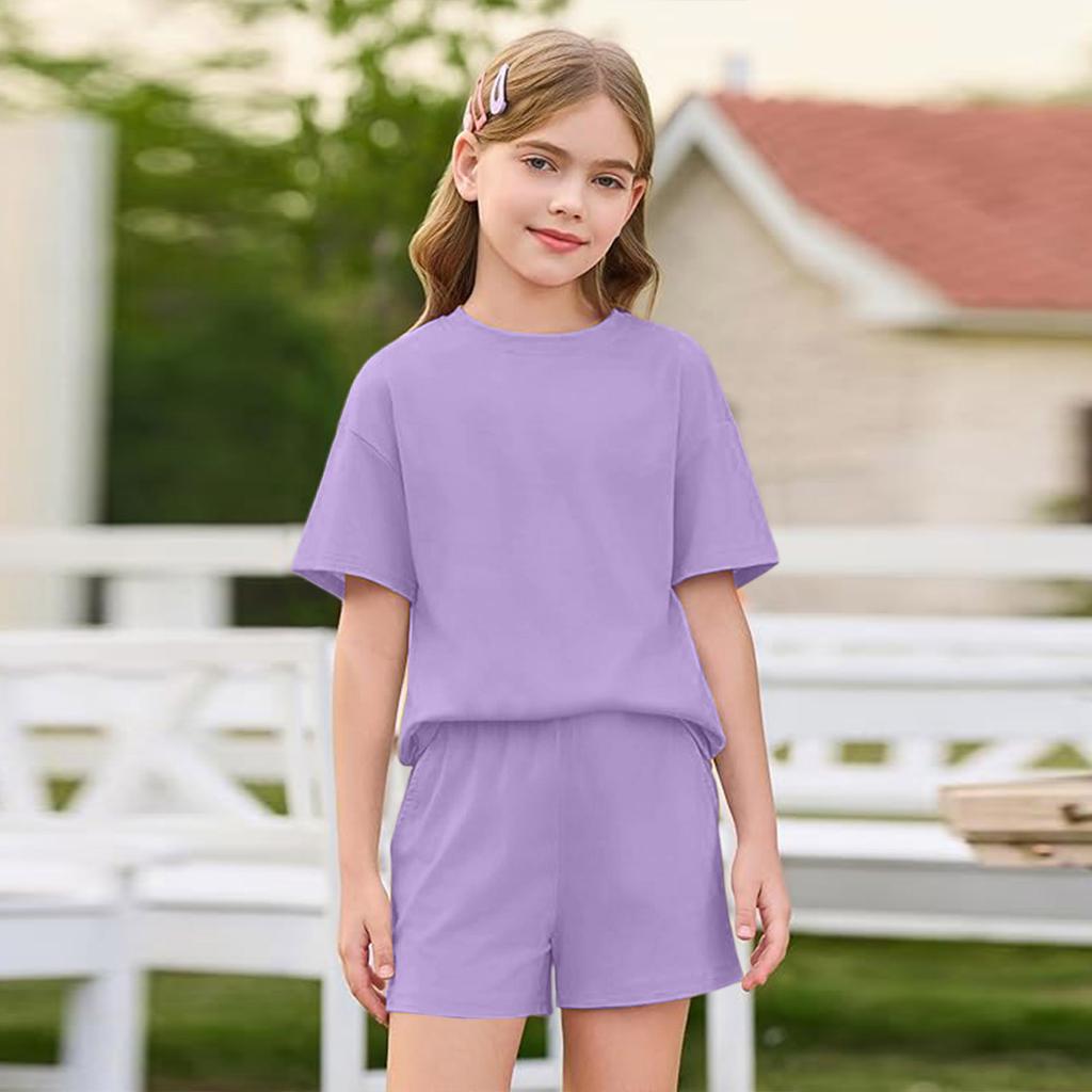 Girls Short Sleeve T Shirt and Shorts Set Soft Fabric Round Neck Relaxed Fit Casual Outfit for Kids and Teens