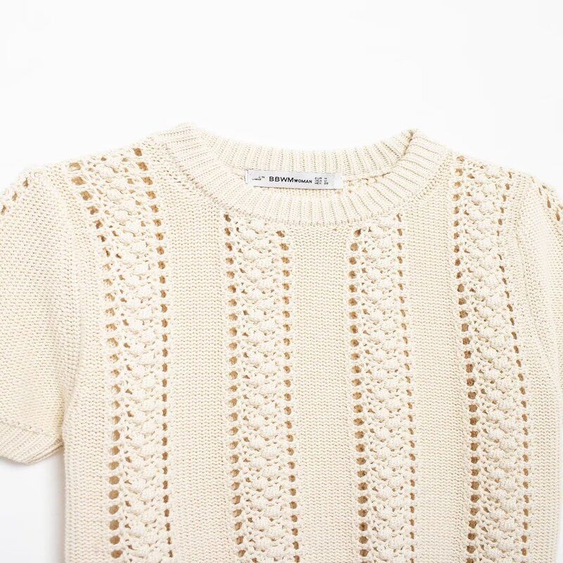 Fashion Style 2024 Autumn New Women's Clothing Commuter's All-Matching Short Sleeve Round Neck Cut Out Knitwear 2142125