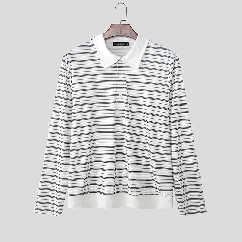 INCERUN Men Lapel Neck Long Sleeve Striped Patchwork Casual T-shirts Tops S белый